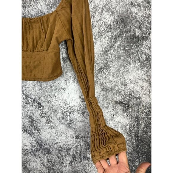 Wild Fable Rust Brown Cropped Ruched Smocked puff Sleeve Top Blouse Womens Small - Picture 4 of 12